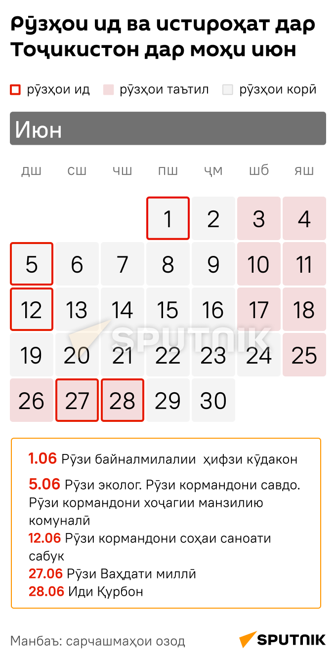 Праздничные и выходные дни  в Таджикистане в июне - Sputnik Тоҷикистон