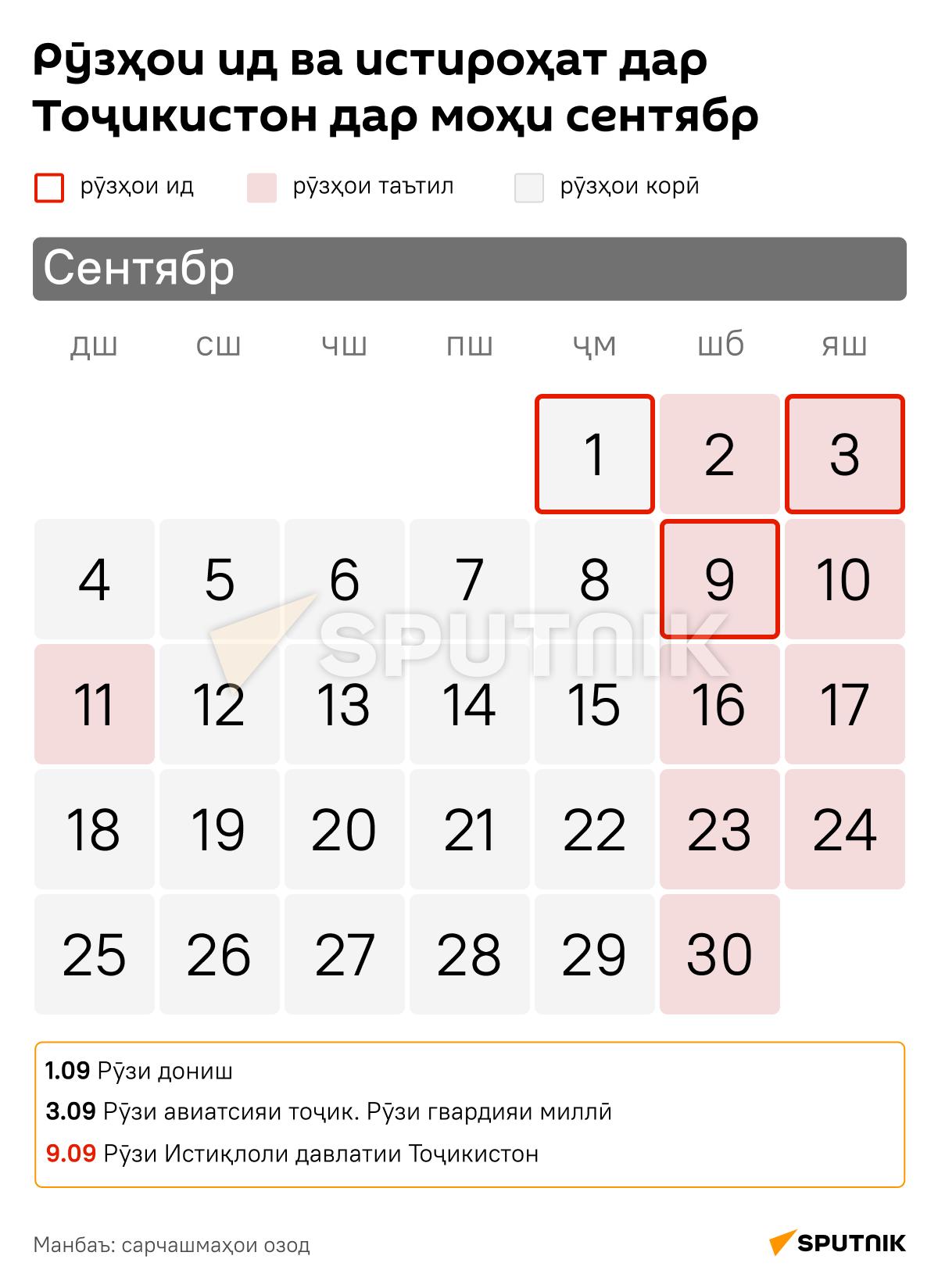 Праздничные и выходные дни в Таджикистане в сентябре 2023 - Sputnik Тоҷикистон