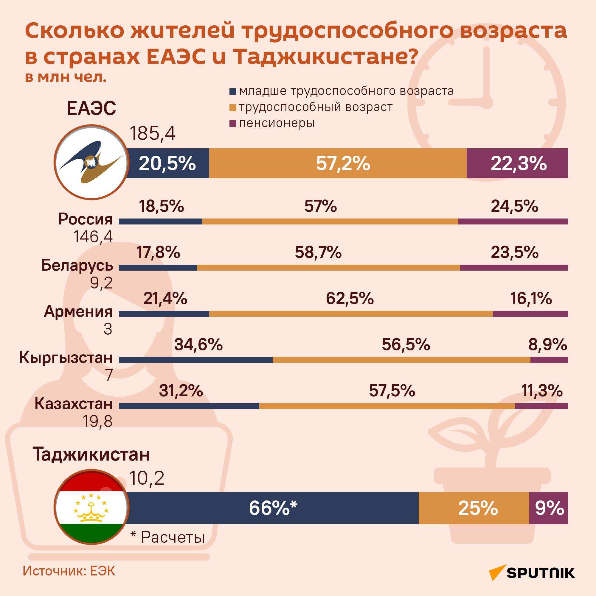 Сколько жителей трудоспособного возраста в странах ЕАЭС и Таджикистане? - Sputnik Таджикистан
