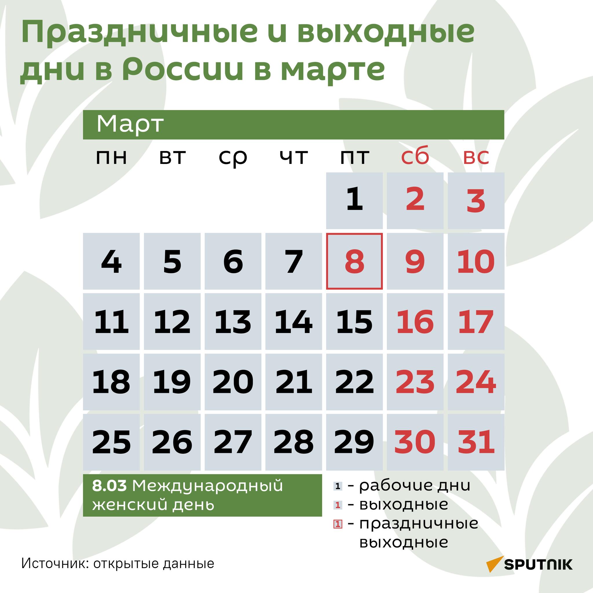 Выходные дни в марте 2024: производственный календарь
