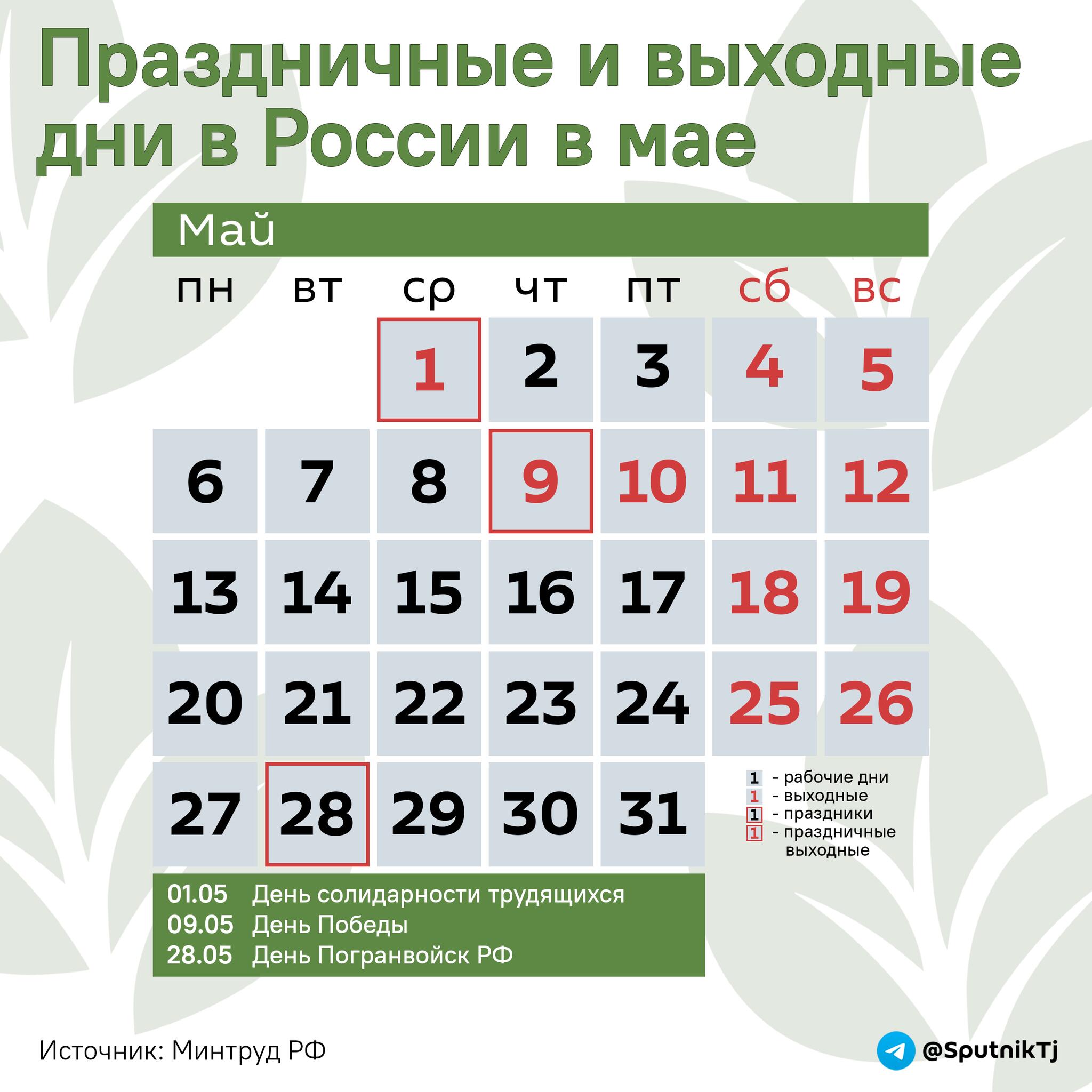 Праздничные и выходные дни в России в мае - Sputnik Таджикистан