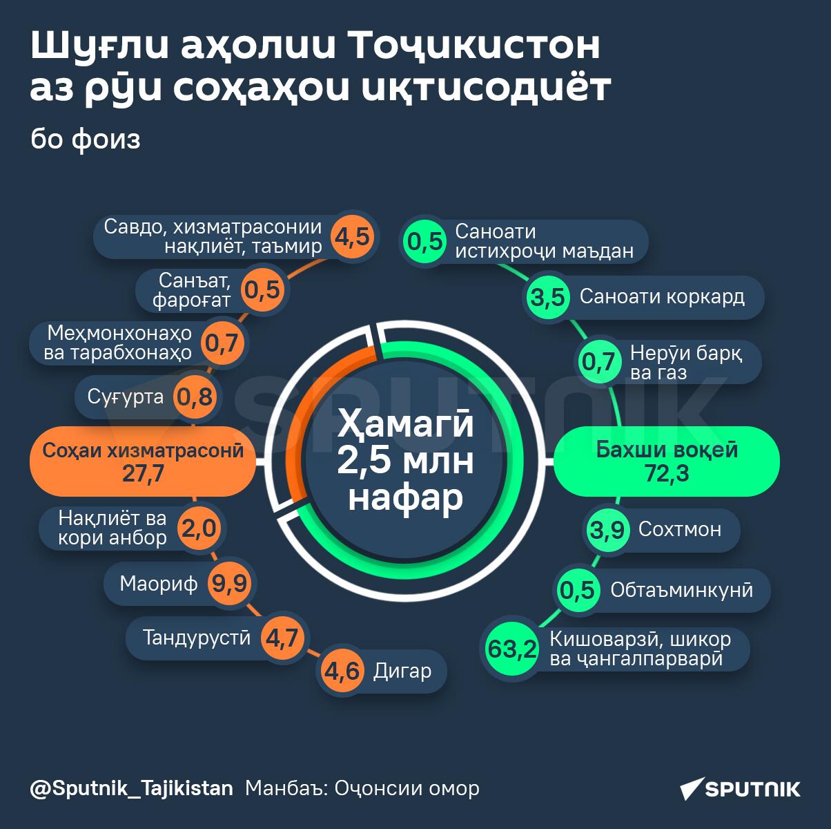 Шуғли аҳолии Тоҷикистон аз рӯи соҳаҳои иқтисодиёт - Sputnik Тоҷикистон