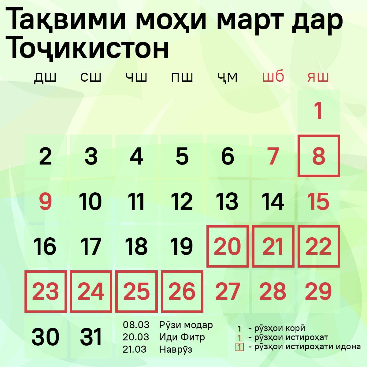 Тақвими моҳи март дар Тоҷикистон - Sputnik Тоҷикистон