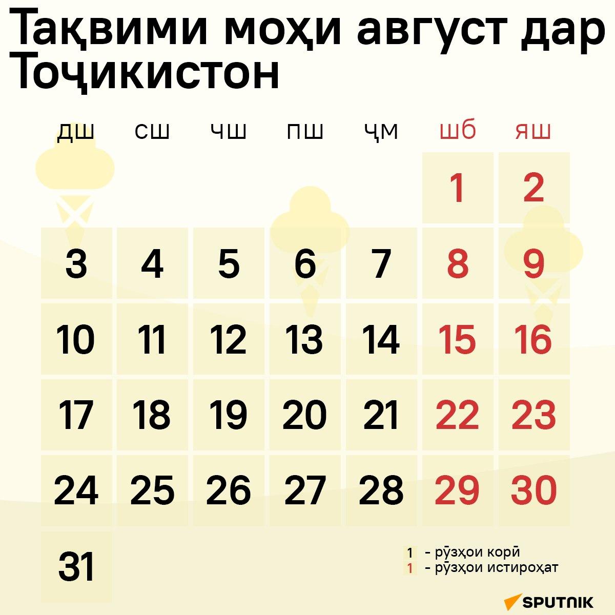 Тақвими моҳи август дар Тоҷикистон - Sputnik Тоҷикистон
