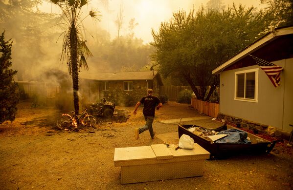Человек бежит, чтобы спасти собаку, поскольку к его дому подбирается огонь, Калифорния - Sputnik Таджикистан