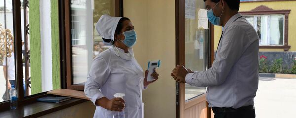 Обработка рук и измерение температуры на входе в здание - Sputnik Таджикистан