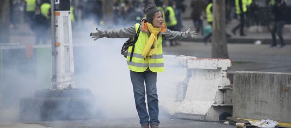 Участница протестной акции желтых жилетов в Париже - Sputnik Таджикистан