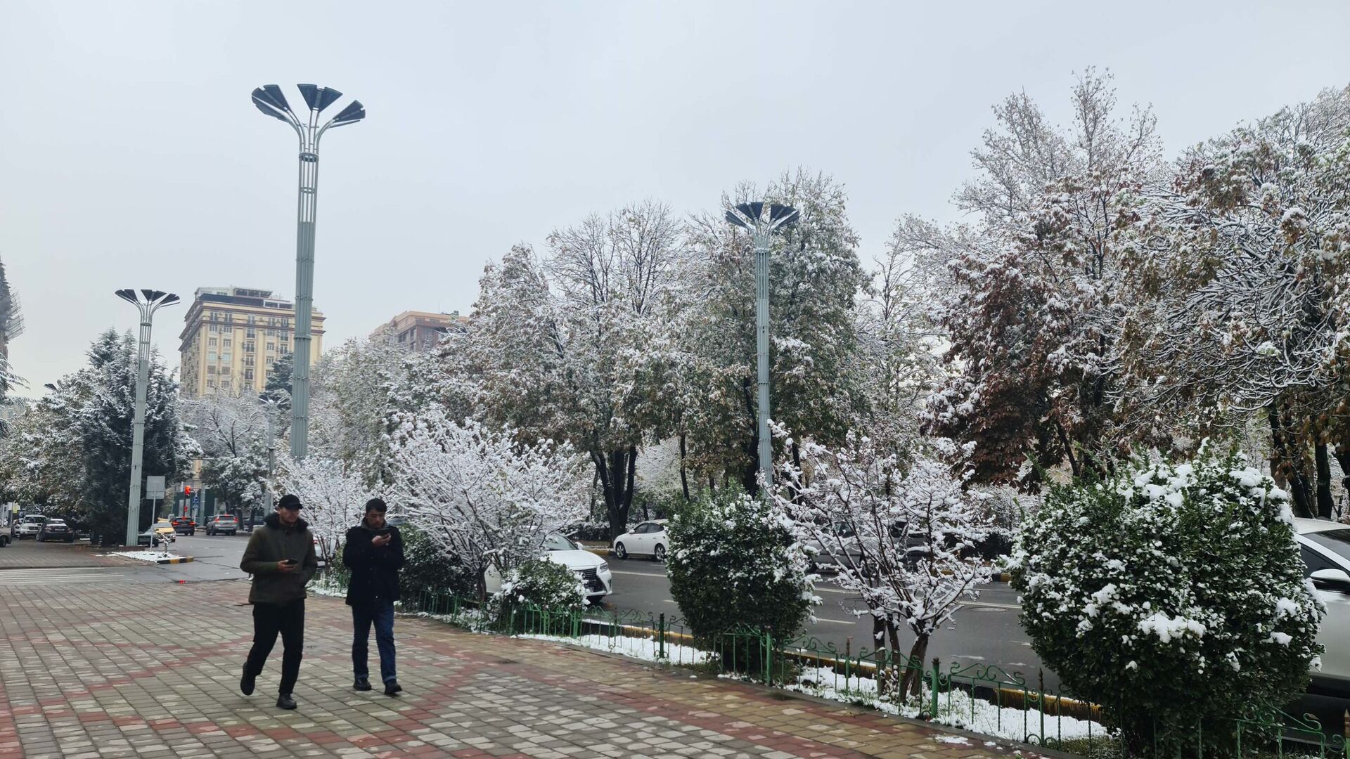 Прохожие на улице в Душанбе после снегопада - Sputnik Тоҷикистон, 1920, 17.01.2023