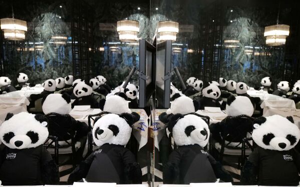 Игрушечные панды в ресторане Pino's в рамках инсталляции во Франкфурте  - Sputnik Таджикистан