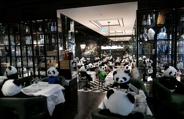 Игрушечные панды в ресторане Pino's в рамках инсталляции во Франкфурте  - Sputnik Таджикистан