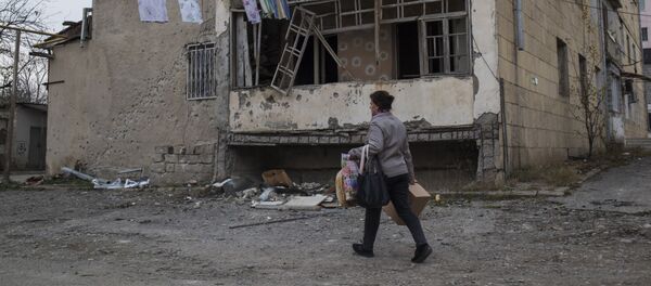 Местная жительница несет домой коробку с гуманитарной помощью в городе Мартакерт в Нагорном Карабахе - Sputnik Таджикистан