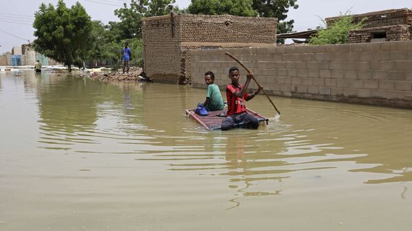 Подростки плывут на плоту по затопленной в результате наводнения улице в городе Салмания, Судан - Sputnik Таджикистан