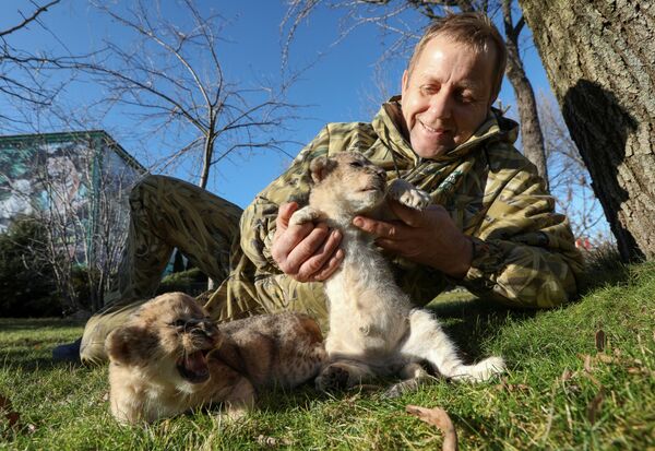 Директор парка Тайган Олег Зубков с львенком - Sputnik Таджикистан