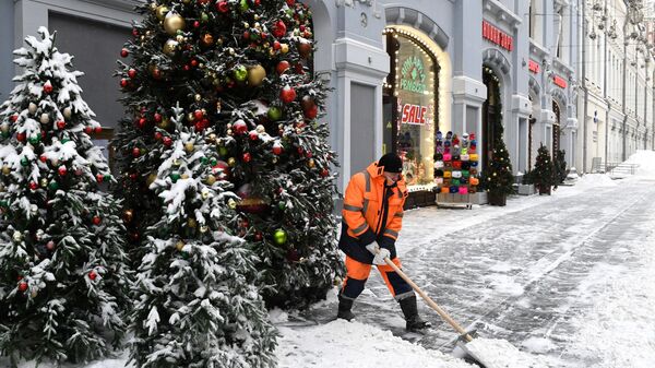 Сотрудник коммунальных услуг убирает снег на улице Москвы - Sputnik Таджикистан
