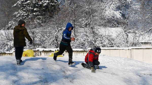 Дети катаются на снежной горке в Душанбе - Sputnik Тоҷикистон