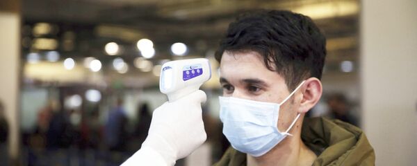 Афганский медработник проверяет температуру пассажира в качестве профилактической - Sputnik Тоҷикистон