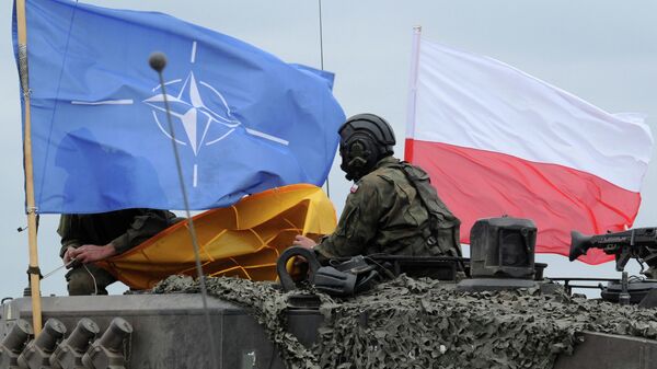 Флаг Польши и НАТО на польском танке во время совместных учений  - Sputnik Таджикистан