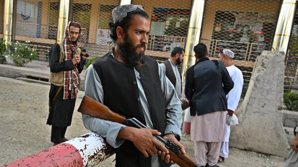 Боец Талибана стоит у шлагбаума  - Sputnik Таджикистан