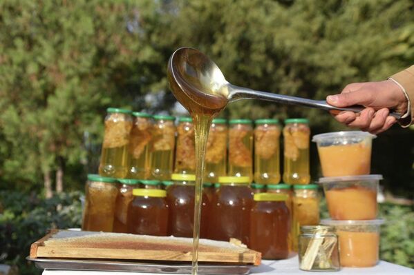 Гостям представили разнообразные сорта меда, риса, овощей и фруктов. - Sputnik Таджикистан