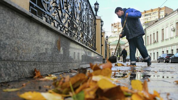 Сотрудник коммунальной службы подметает листья на улице в Москве. - Sputnik Таджикистан