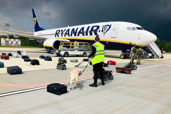 Белорусский кинолог проверяет багаж у самолета Ryanair Boeing 737-8AS, припаркованного на перроне минского международного аэропорта, 23 мая. - Sputnik Таджикистан