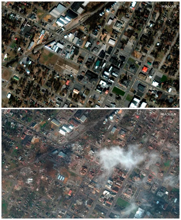 Фотографии до и после прохождения торнадо по территории штата Кентукки в США Фотографии до и после прохождения торнадо по территории штата Кентукки в США
