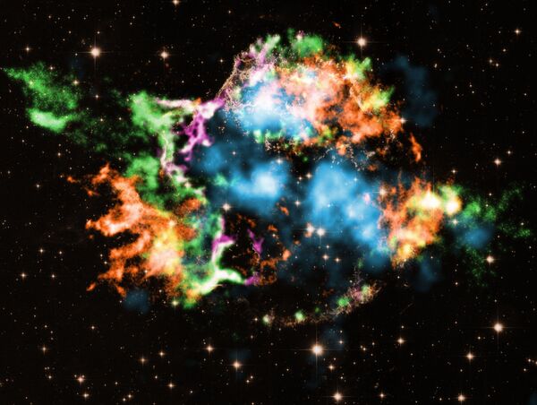 Прорывное открытие важного типа титана от астрономов рентгеновской обсерватории НАСА. Различные цвета здесь представляют обнаруженные элементы. - Sputnik Таджикистан