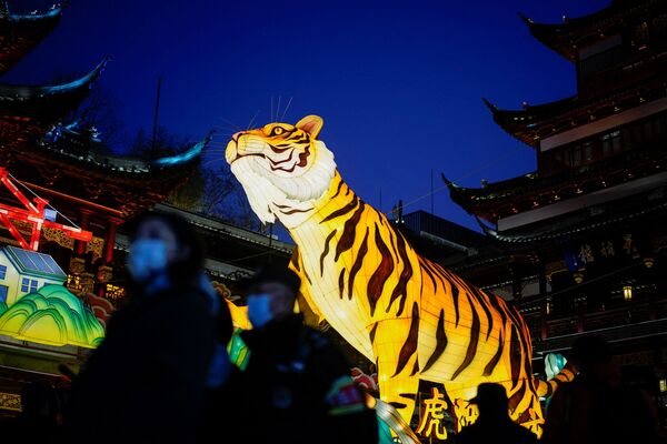 Украшение в форме тигра изображено в Шанхае в преддверии празднования  лунного Нового года. - Sputnik Таджикистан