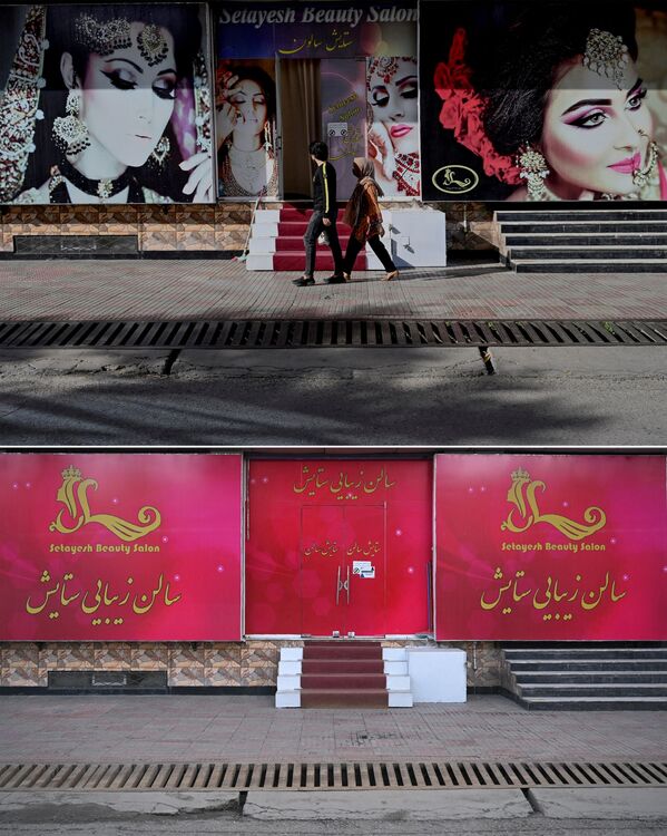 С витрин парикмахерской убраны красочные плакаты с фотографиями женщин. - Sputnik Таджикистан