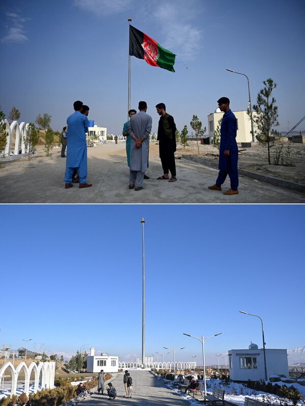 Государственный флаг Афганистана развевается на холме в районе Вазир Акбар Хан (вверху) и пустой флагшток на том же холме. - Sputnik Таджикистан