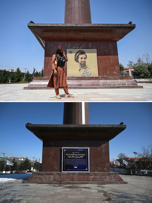 Изображение покойного Ахмад Шаха Масуда в Кабуле и этот же памятник без портрета. - Sputnik Таджикистан