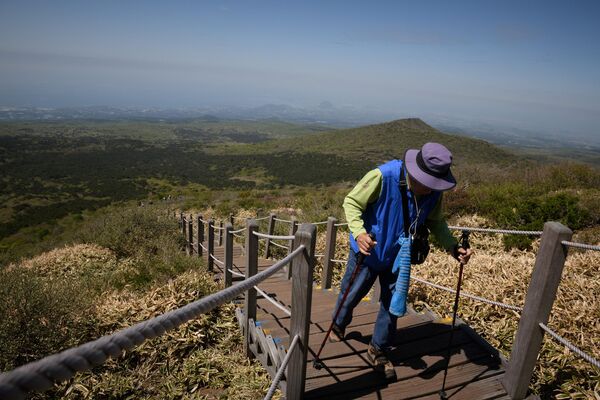 Турист поднимается на гору Халласан на острове Чеджу. - Sputnik Таджикистан