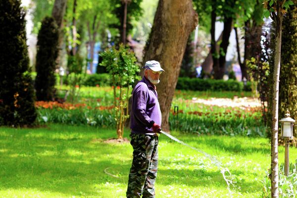 Работник парка следит за свежестью газона и цветов. - Sputnik Таджикистан