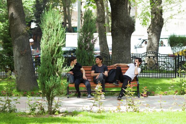 Молодые люди общаются на лавочке под тенью лиственных деревьев. - Sputnik Таджикистан