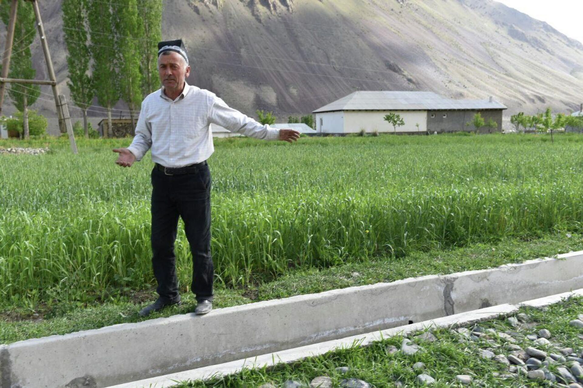 Местный житель показывает бетонный арык и посевы пшеницы в Мадрушкате - Sputnik Таджикистан, 1920, 04.06.2022