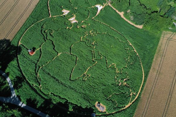 Поле с изображением голубя мира Пабло Пикассо над картой мира, на полях в Уттинг-ам-Аммерзее в Германии. - Sputnik Таджикистан