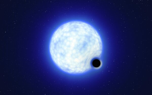 Художественное представление двойной системы VFTS 243, состоящей из голубой звезды, масса которой в 25 раз превышает массу Солнца, и черной дыры. - Sputnik Таджикистан