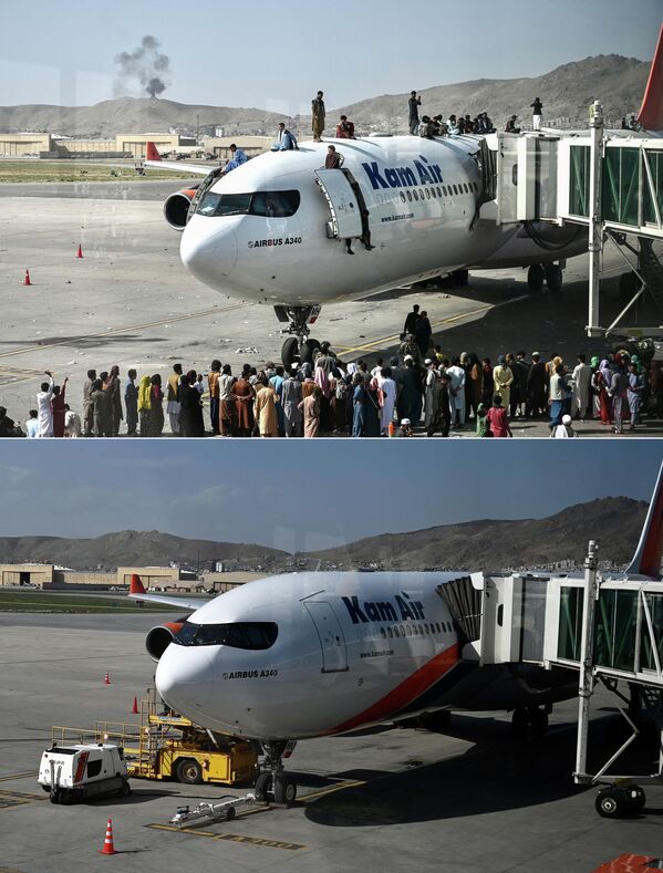 Афганцы, собравшиеся у самолета в отчаянной и безнадежной попытке сбежать от талибов, захвативших власть в стране 15 августа 2021 года. - Sputnik Таджикистан