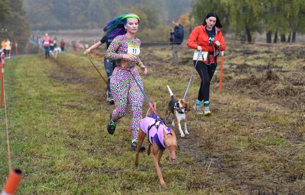 Участники парного забега с собакой &quot;Быстрый пес&quot; в Битцевском лесу в Москве. - Sputnik Таджикистан