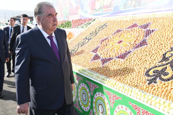 Эмомали Рахмон возле свежего урожая фруктов в Хатлоне. - Sputnik Таджикистан