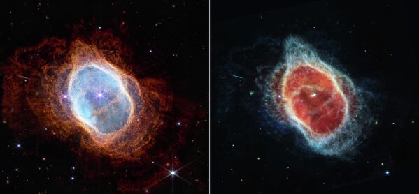 Параллельное сравнение показывает наблюдения туманности Южного Кольца в ближнем инфракрасном свете (слева) и в среднем инфракрасном диапазоне (справа) с телескопа НАСА Уэбб. - Sputnik Таджикистан