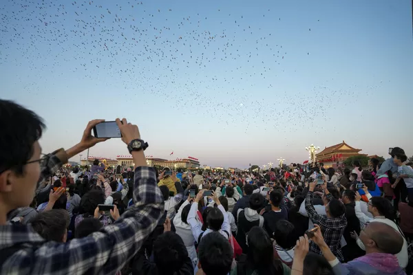 Голуби пролетающие над воротами Тяньаньмэнь после того, как их выпустили на церемонии поднятия флага. - Sputnik Таджикистан