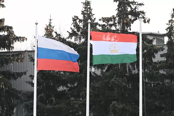 Дар фурудгоҳи Внуково-2, ки ҳавопаймои раҳбари Тоҷикистон фуруд омад, парчамҳои ду кишвар барафрохта шуда буд. - Sputnik Тоҷикистон