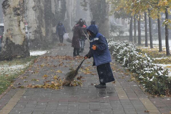 А работники коммунальных служб сметают опавшую листву в парках и скверах. - Sputnik Таджикистан