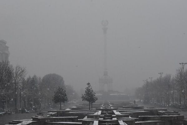 В городе сильный туман - стела с гербом Таджикистана на площади Дружба почти не видна. - Sputnik Таджикистан