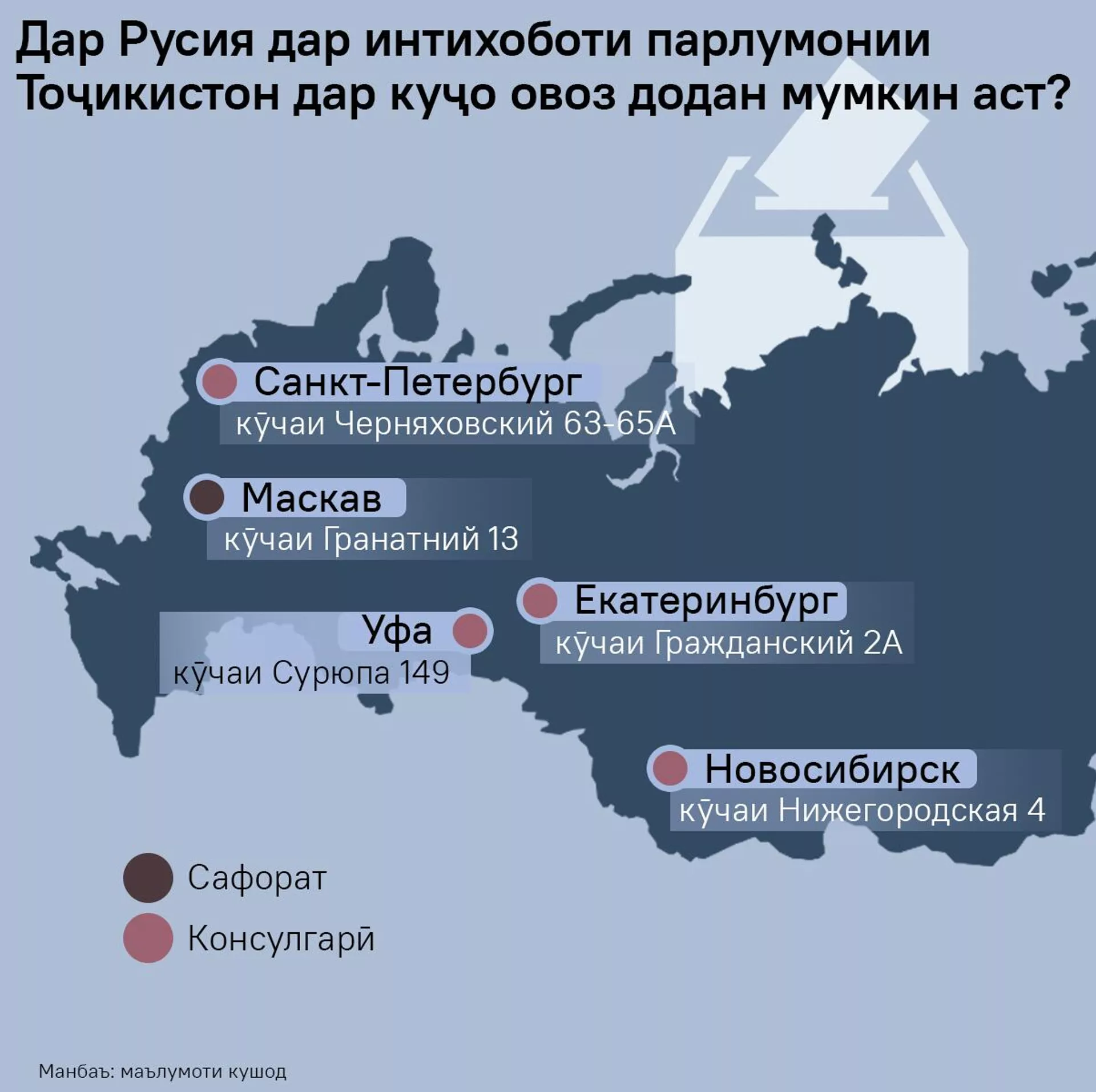 Дар Русия дар интихоботи парлумонии Тоҷикистон дар куҷо овоз додан мумкин аст? - Sputnik Тоҷикистон, 1920, 02.03.2025