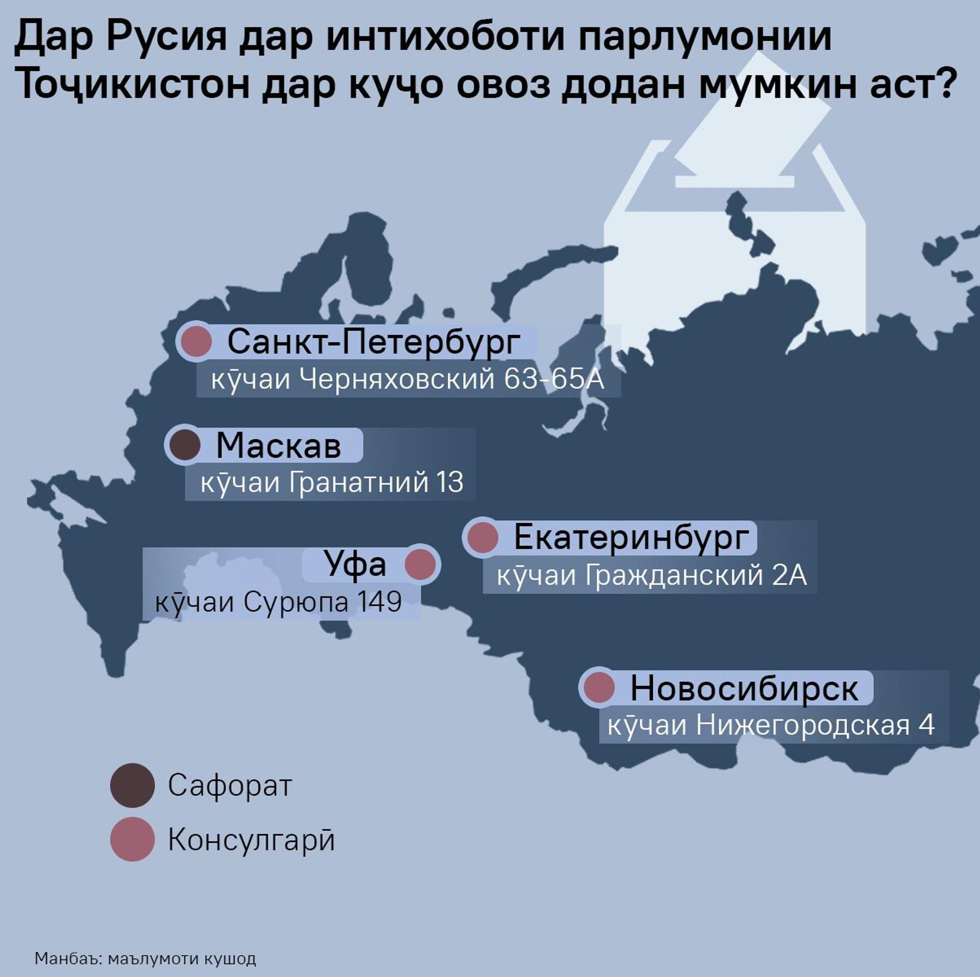 Дар Русия дар интихоботи парлумонии Тоҷикистон дар куҷо овоз додан мумкин аст? - Sputnik Тоҷикистон, 1920, 27.02.2025