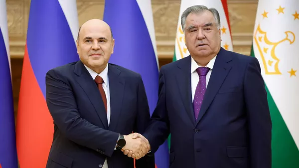 Председатель правительства РФ Михаил Мишустин и президент Таджикистана Эмомали Рахмон (справа) во время встречи в Душанбе. - Sputnik Тоҷикистон