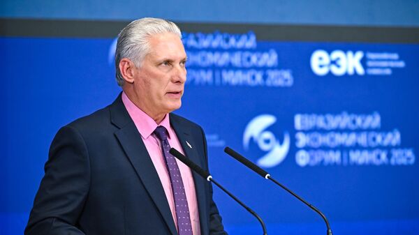  Президент Кубы Мигель Диас-Канель принимает участие в пленарном заседании IV Евразийского экономического форума в Минске.  - Sputnik Тоҷикистон