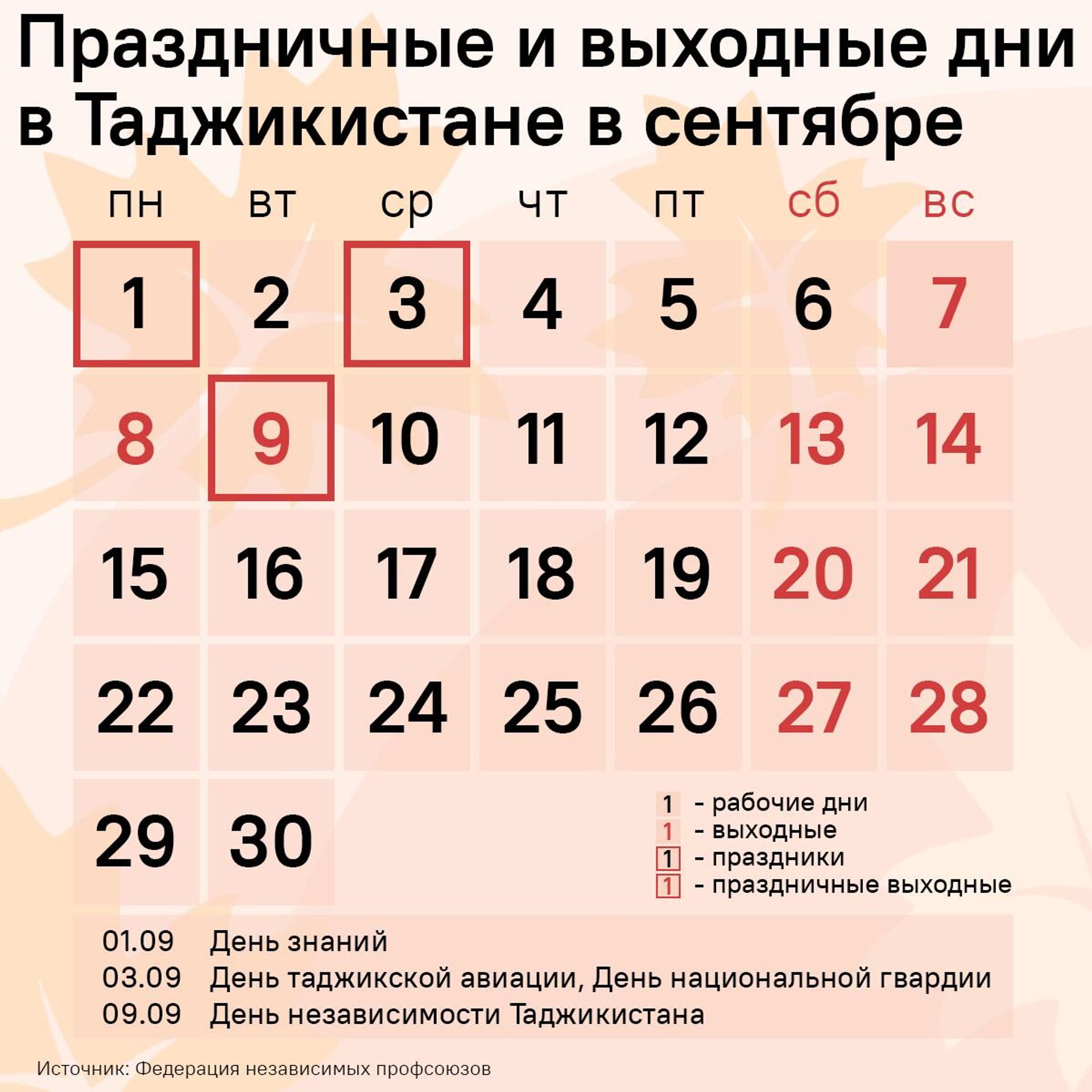 Праздничные и выходные дни в Таджикистане в сентябре - Sputnik Таджикистан, 1920, 29.08.2025